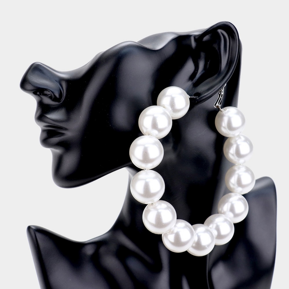 White Pearl 3.75" Oversized Silver Large Round Big Hoop Earrings Huge Womens